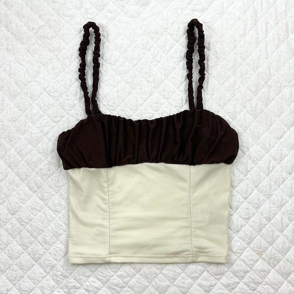 Dazy Milkmaid Tank Top Cropped Brown Cream Mesh